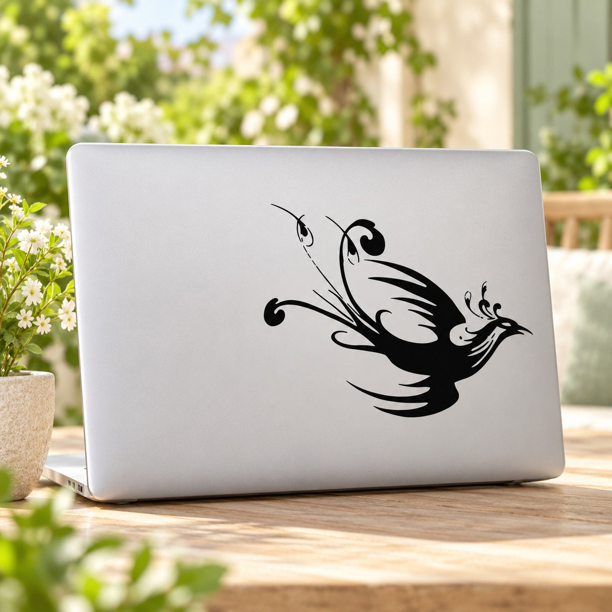 Flying peacock decal sticker on white laptop lid, black intricate line art