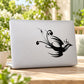 Flying peacock decal sticker on white laptop lid, black intricate line art