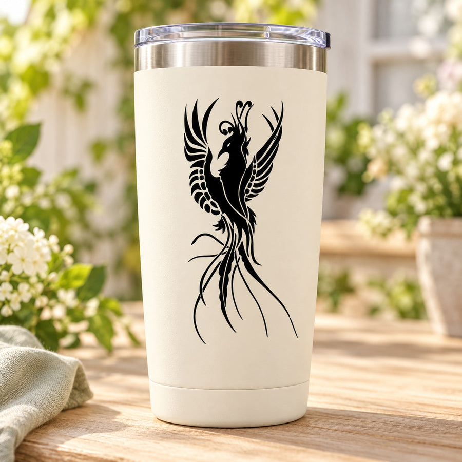 Rising peacock decal with black bird silhouette and detailed feather pattern