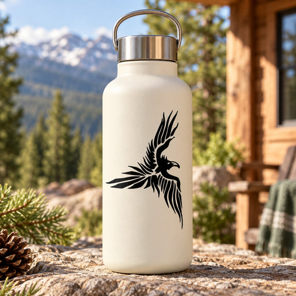 Flying eagle decal on white reusable water bottle, black graphic