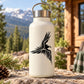 Flying eagle decal on white reusable water bottle, black graphic