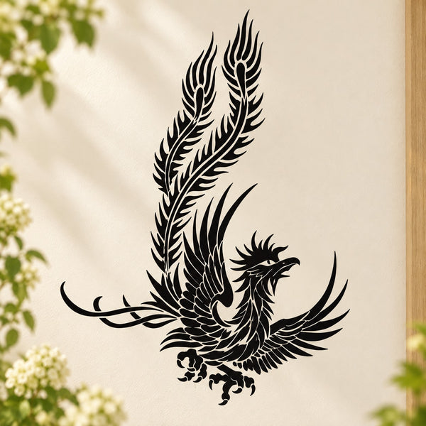 Floating peacock decal with black feather and floral accents