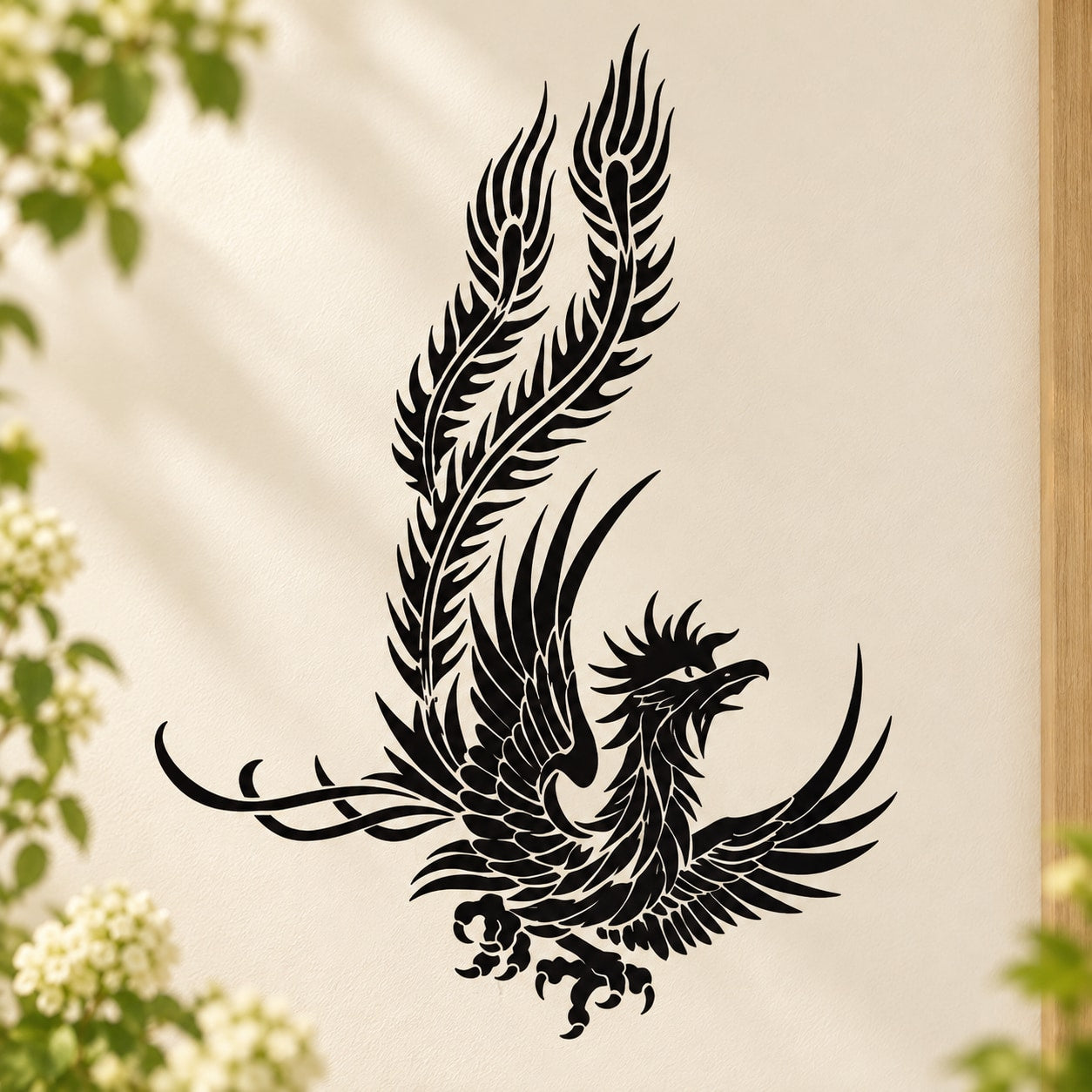 Floating peacock decal with black feather and floral accents