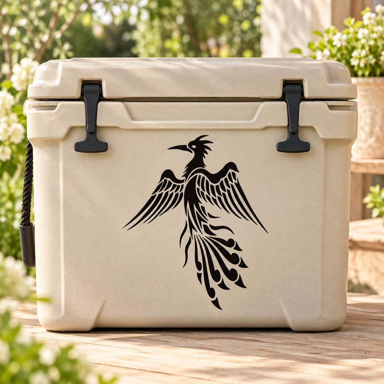 Peacock feather decal with black silhouette design