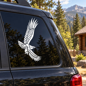 Flying American eagle decal in white on car window glass