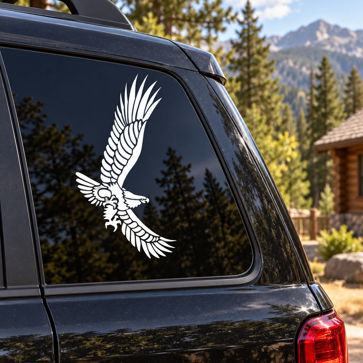 Flying American eagle decal in white on car window glass