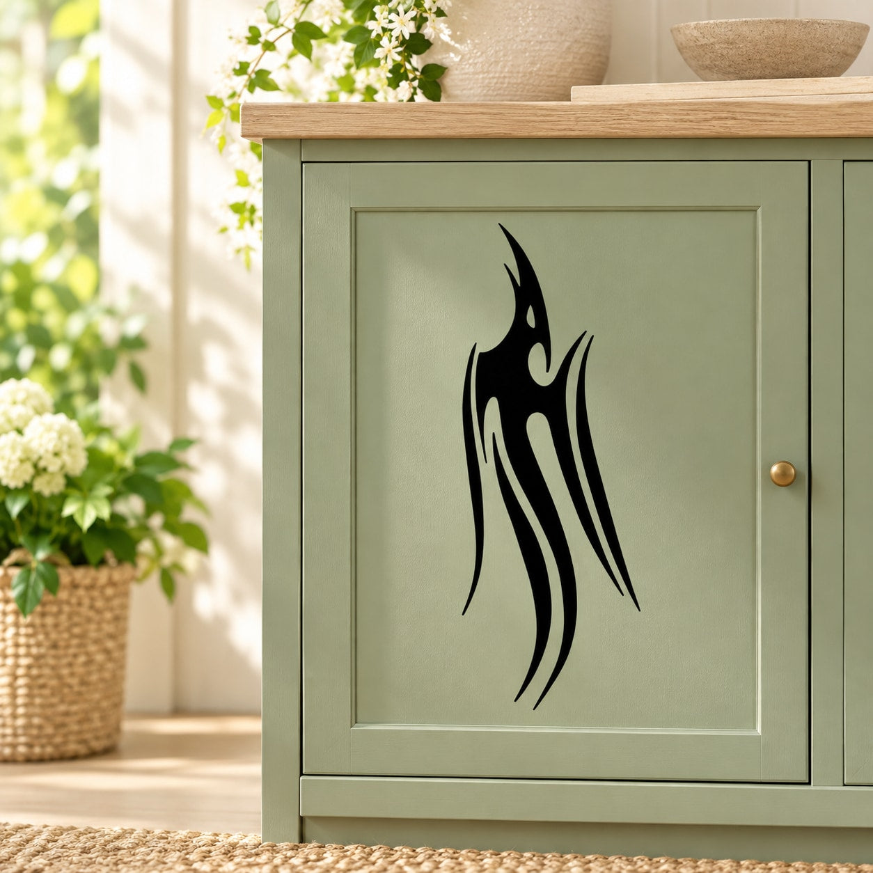 Abstract tribal peacock decal, black silhouette on a square panel
