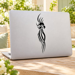 Tribal peacock head decal, black feather design on a light laptop lid