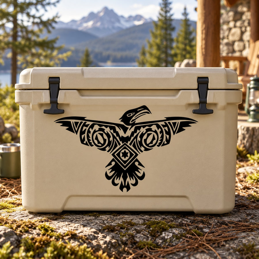Outdoor cooler with black tribal eagle decal