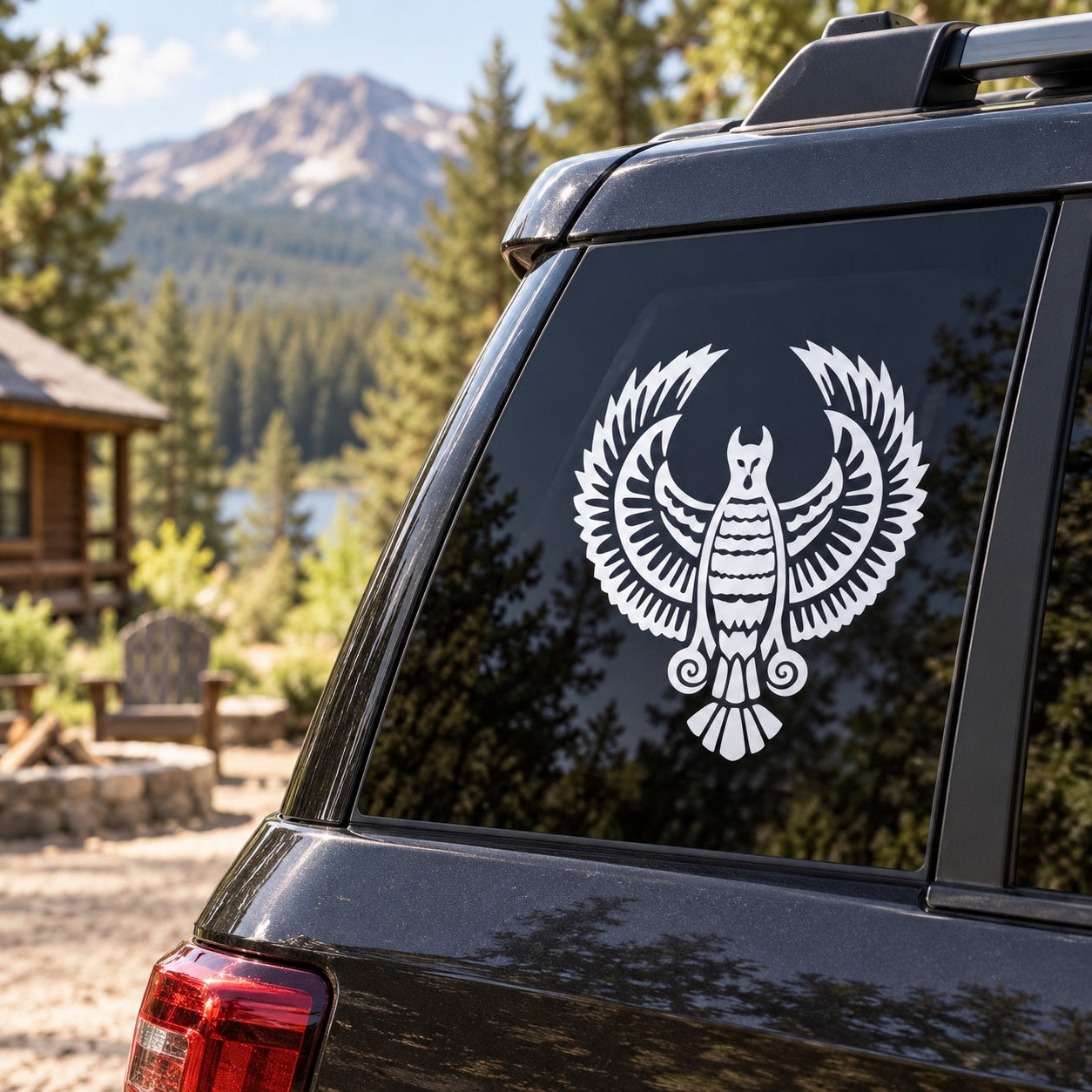White eagle feather decal on car window glass
