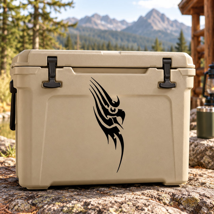 Black spiky eagle head emblem decal on light gray surface