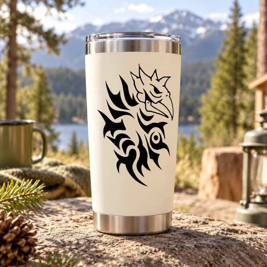 White tumbler with black eagle skull-style decal on the front