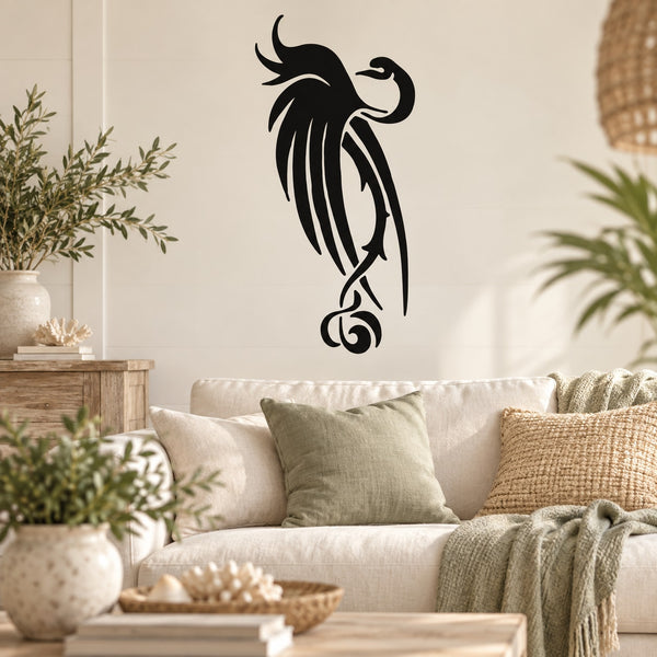 Black whooping crane tattoo decal with decorative swirls