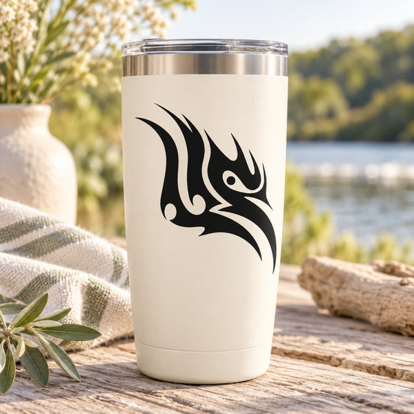 Tribal crane head decal in black on white tumbler