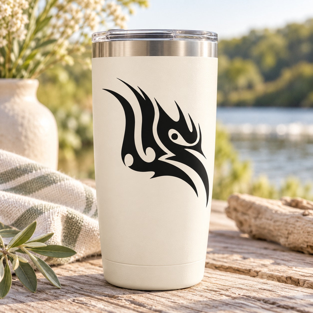Tribal crane head decal in black on white tumbler