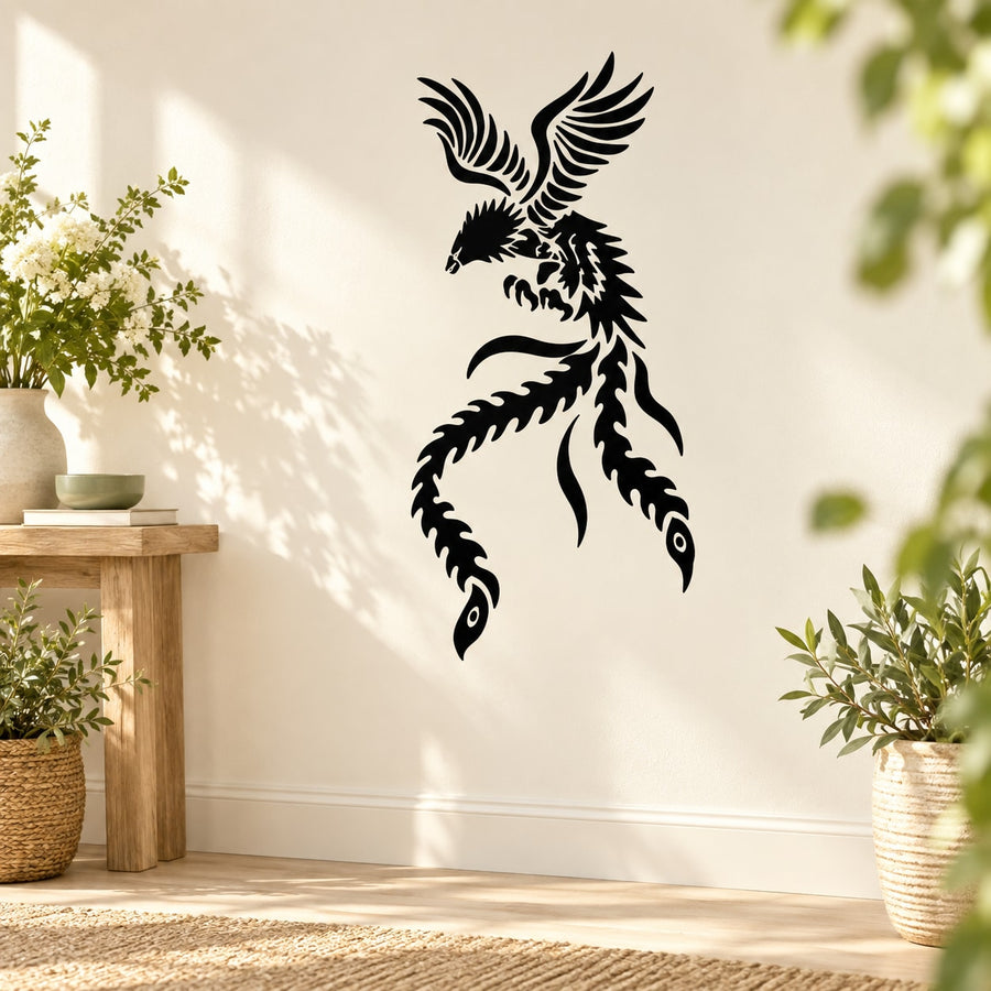 Flying peacock wall decal with wavy tail, black silhouette