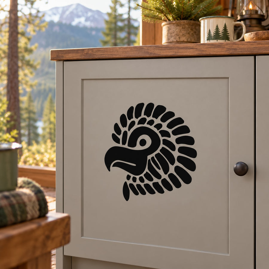 Baby eagle head decal with black feathered headdress on white backing