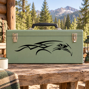 Eagle head decal on green metal toolbox with black graphic