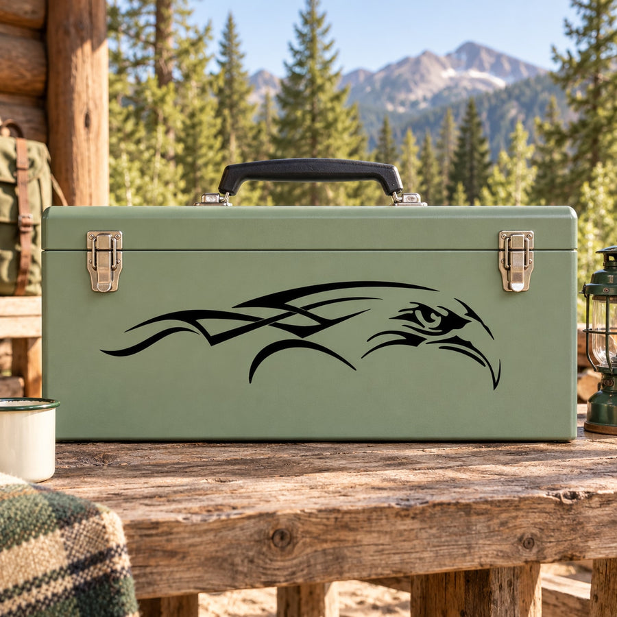 Eagle head decal on green metal toolbox with black graphic