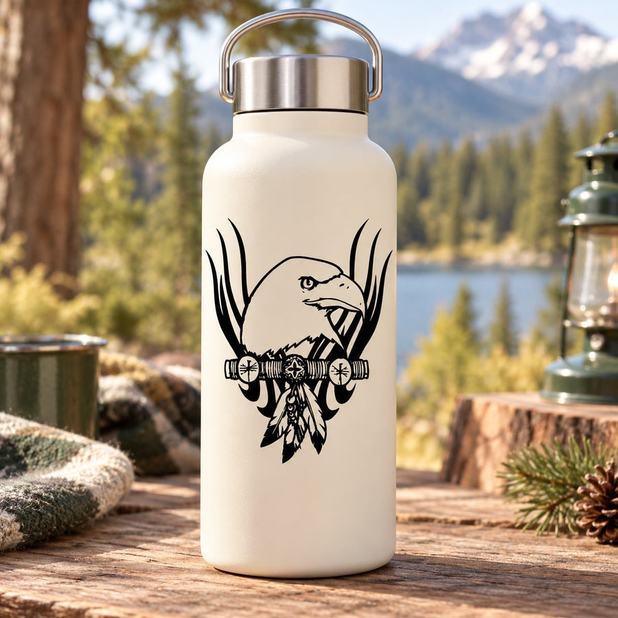 White water bottle with black eagle head dream catcher decal