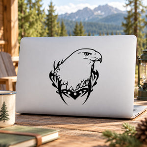 Eagle head razor graphic decal with barbed accents, black-and-white