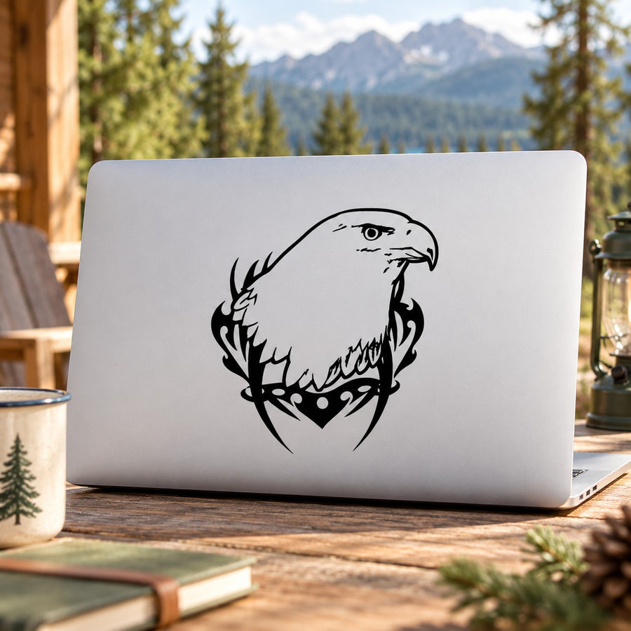 Eagle head razor graphic decal with barbed accents, black-and-white