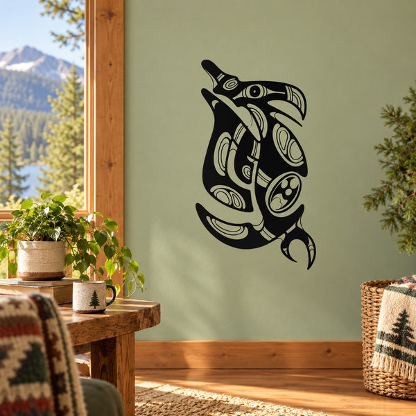 Textured eagle head decal, black and white tribal style, on a light wall
