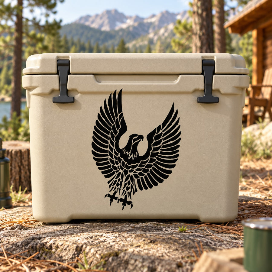 Textured eagle decal graphic on light cooler front, black winged emblem
