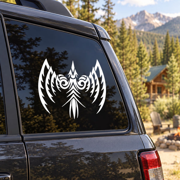 White abstract eagle decal on car side window