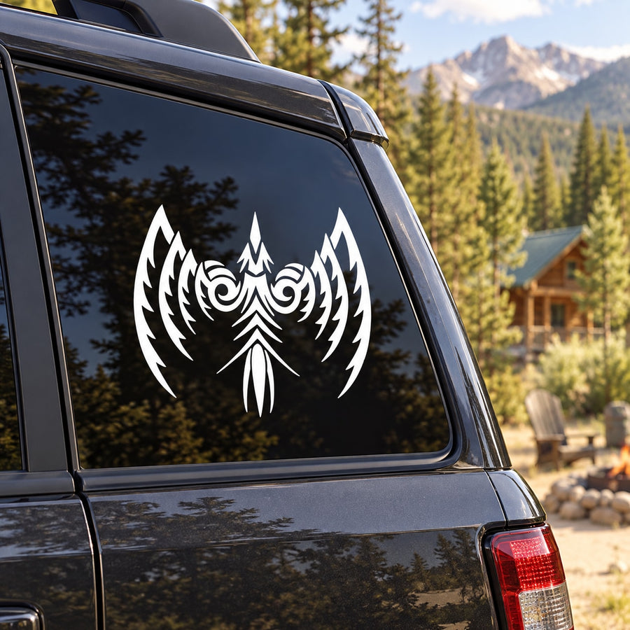 White abstract eagle decal on car side window