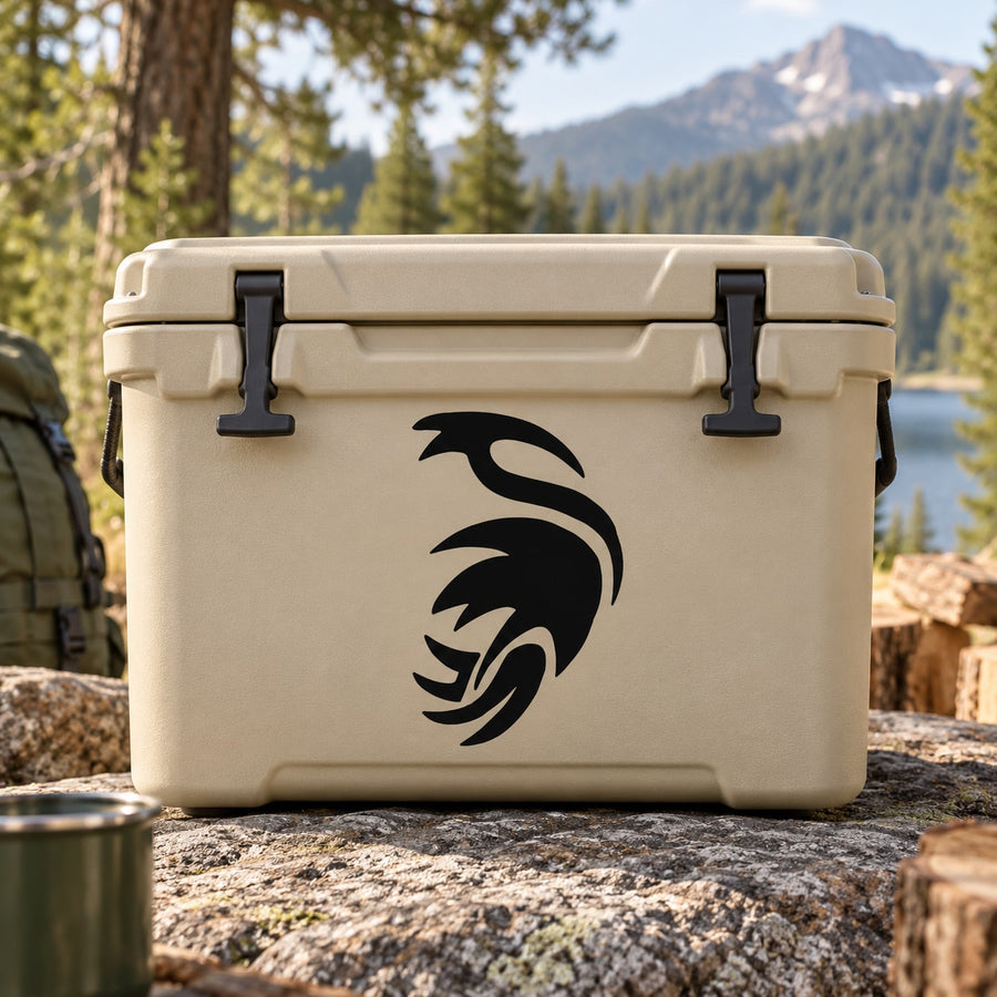 White cooler with black abstract pointed feather bird decal graphic