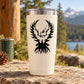 White tumbler with black eagle phoenix-style decal