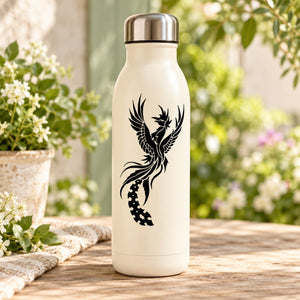 Cream water bottle with black peacock-feather decal