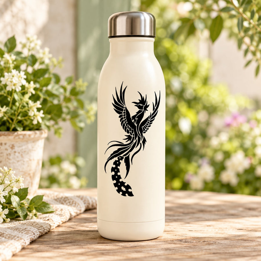 Cream water bottle with black peacock-feather decal