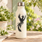 Cream water bottle with black peacock-feather decal