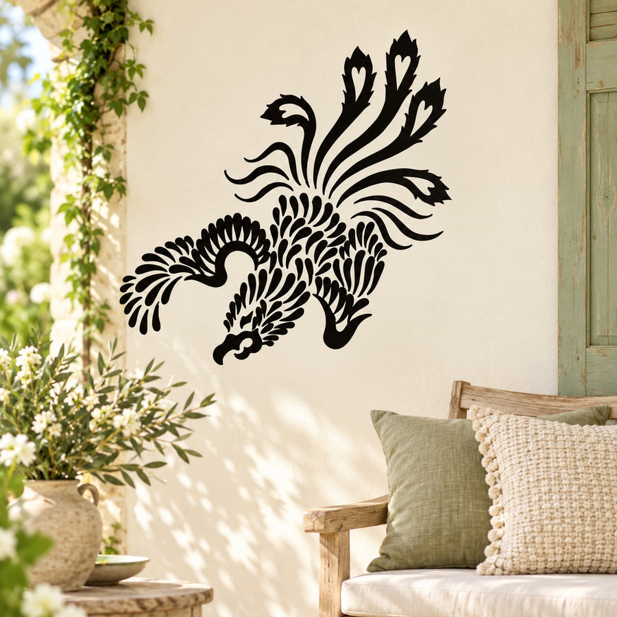 Intricate peacock feather decal with black ornamental feather motif
