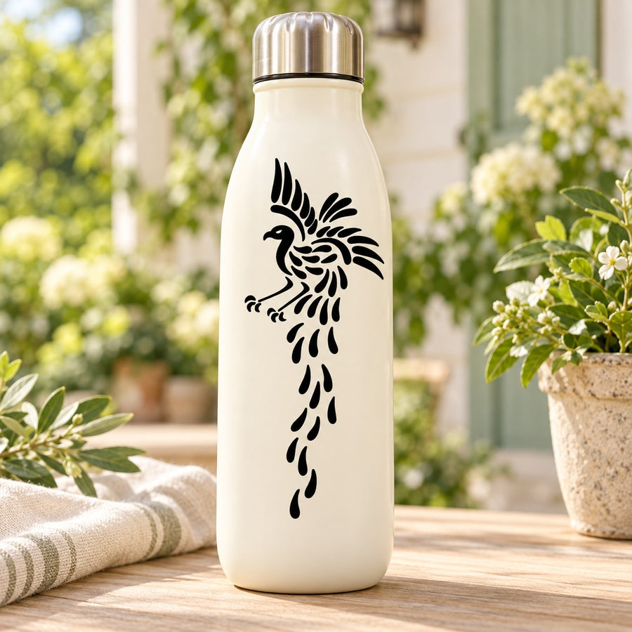 Humble peacock decal sticker in black with stylized feather peacock design