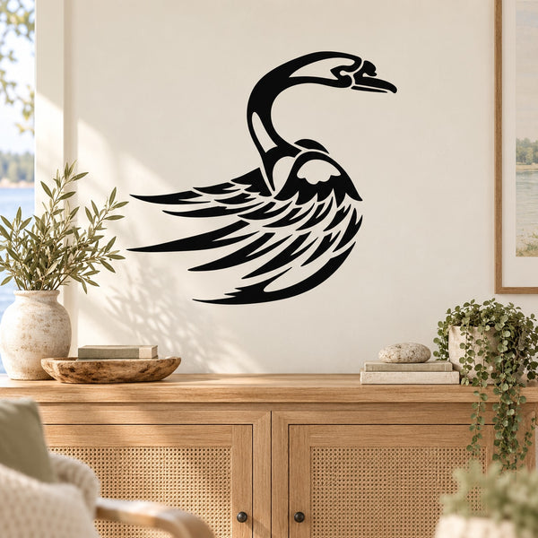 Black and white pointed feathers swan wall decal with wing details