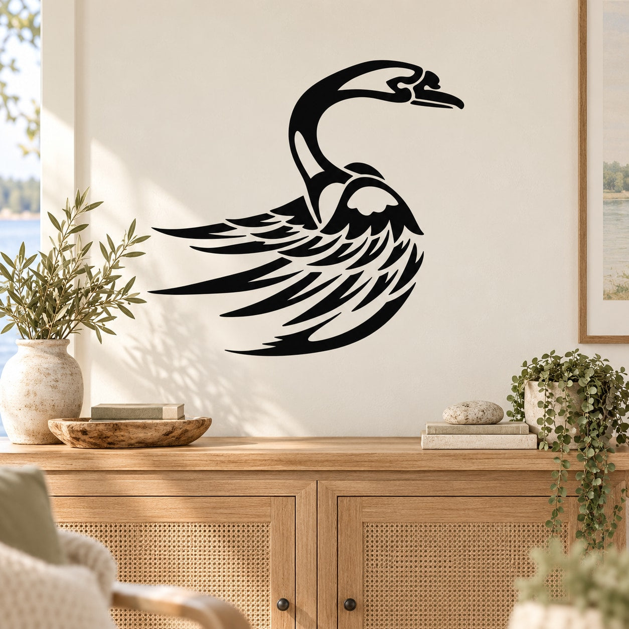 Black and white pointed feathers swan wall decal with wing details