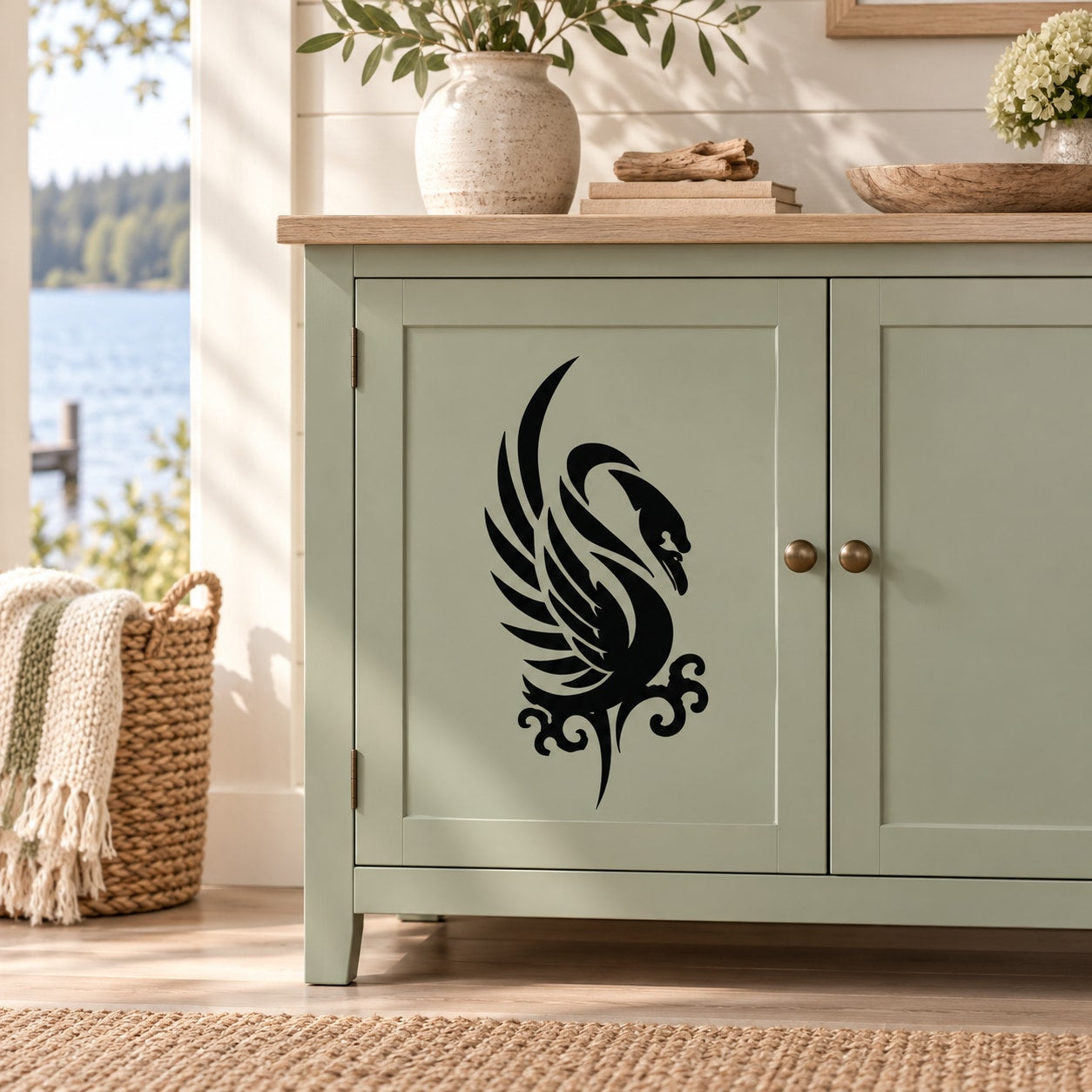 Decorative swan decal, black stylized bird silhouette on a light panel