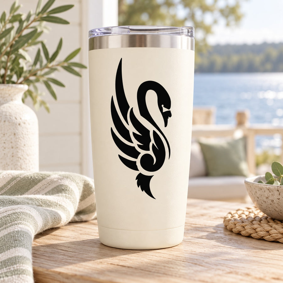 Curled neck swan decal with black winged bird graphic on light cup