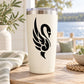Curled neck swan decal with black winged bird graphic on light cup