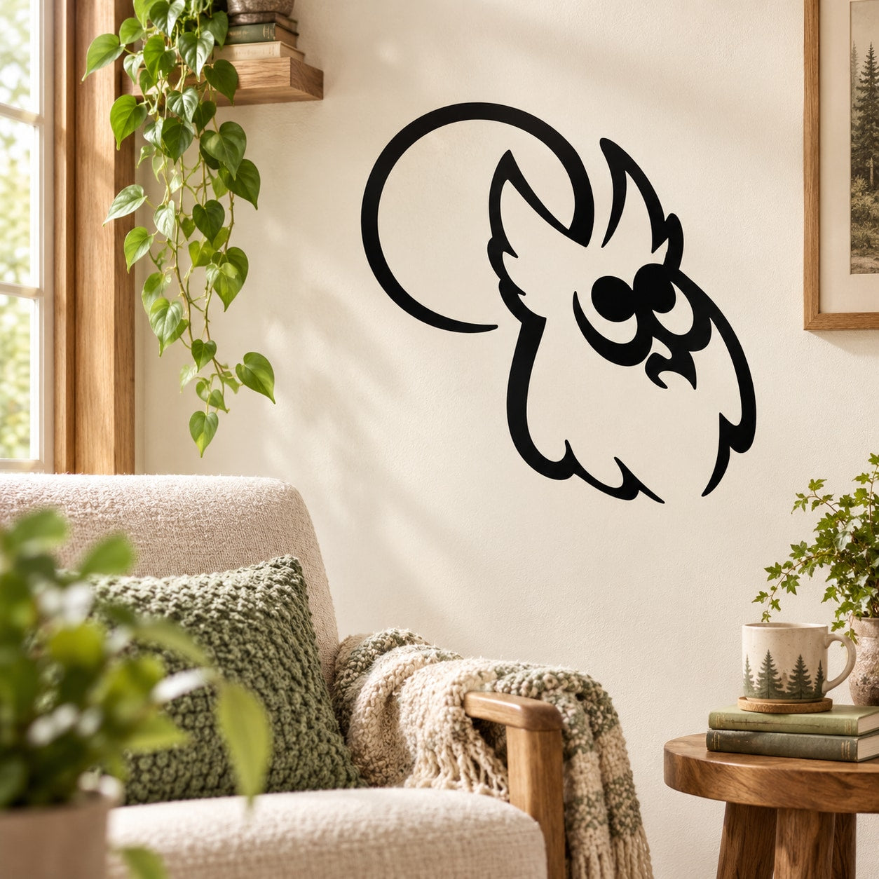 Owl head and moon wall decal in black outline