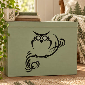 Black night owl decal with wispy branch line-art on a light green backing