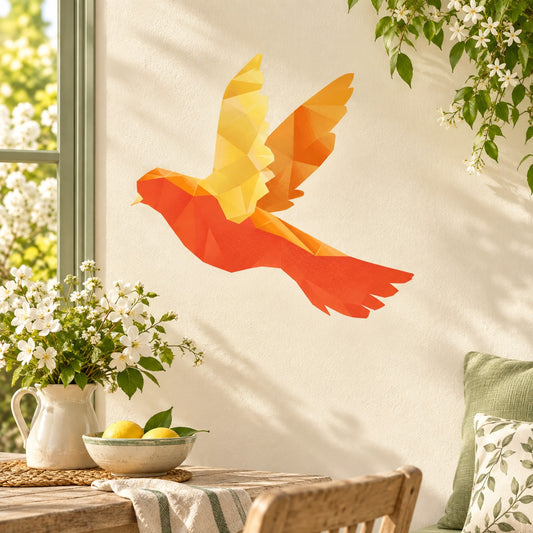 Colorful geometric flying bird sticker with orange, yellow, and red wings