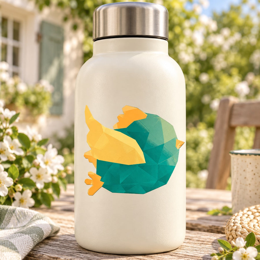 Colorful polygon flying bird sticker on a light-colored bottle