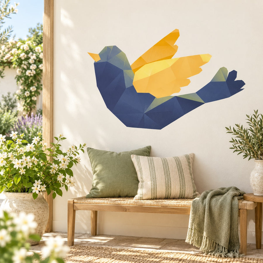 Geometric bird-in-flight wall sticker, multicolor yellow and blue angular design
