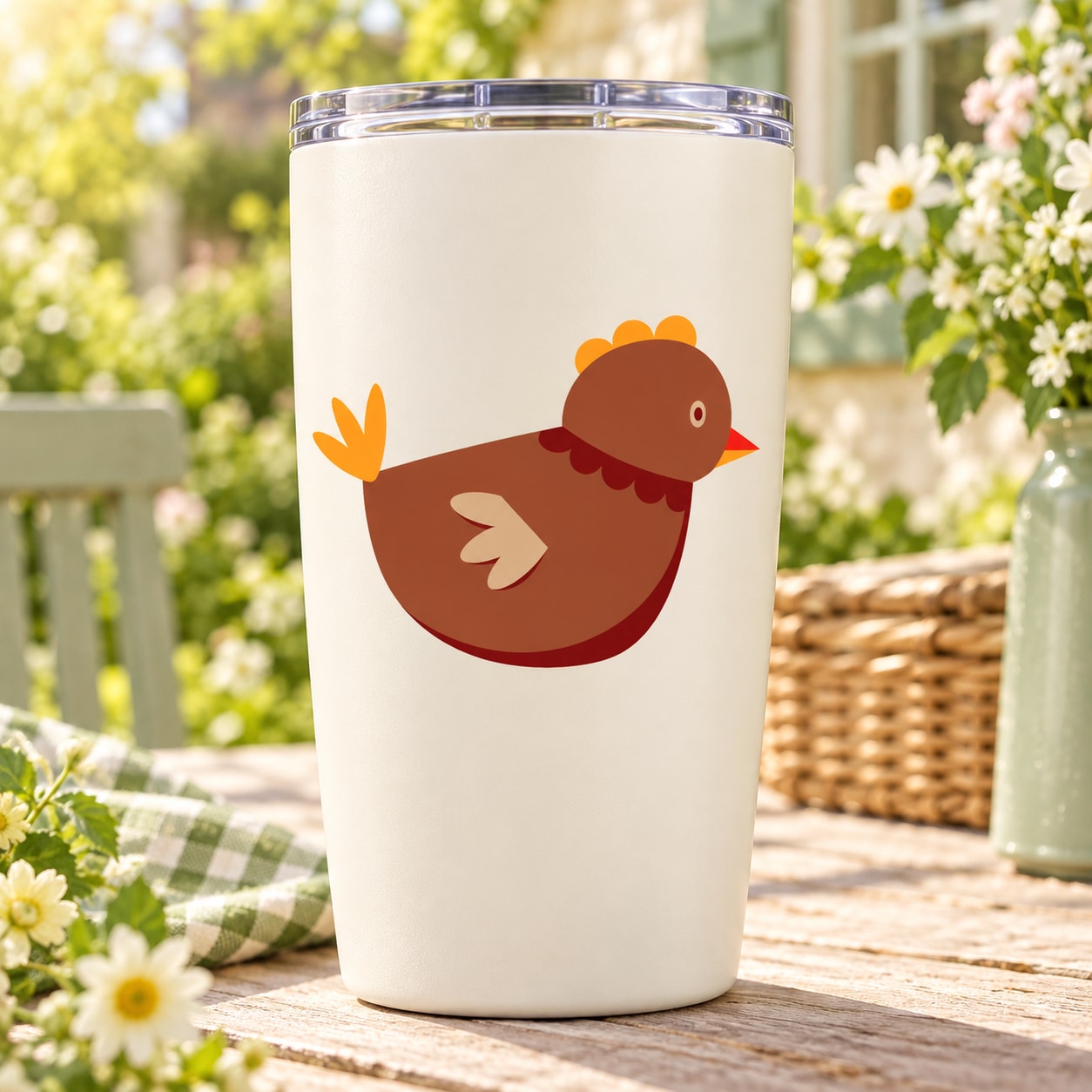 Chicken hen vinyl sticker on a white tumbler, cartoon bird with orange head
