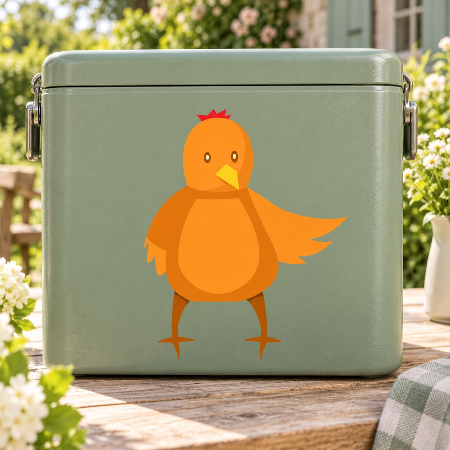 Orange standing chicken decal sticker on a light green lunch container