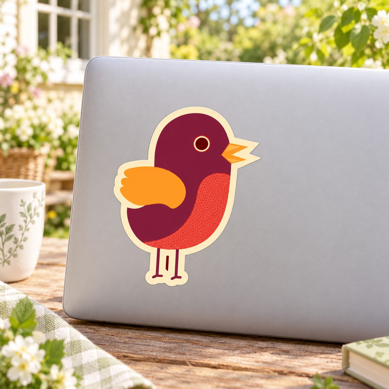 Colorful red and orange bird sticker on a gray laptop screen